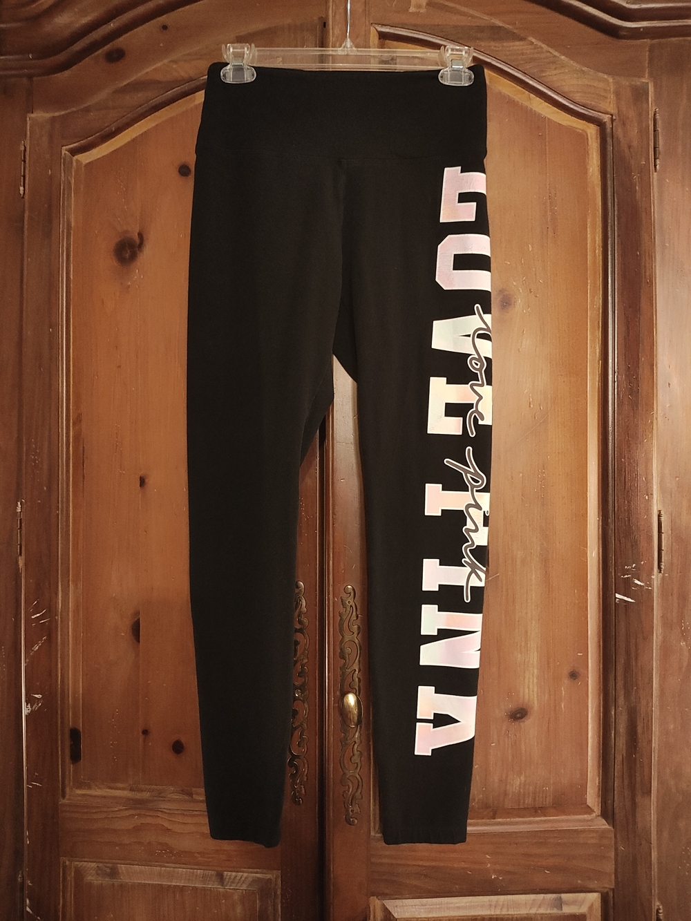 PINK Victoria's Secret Black Leggings with Pink & White Side Logo